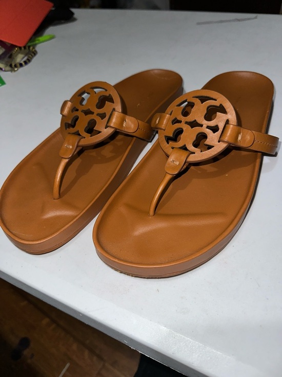 Tory Burch Shoes - Tory Burch Cognac Leather Logo Thong Sandals
